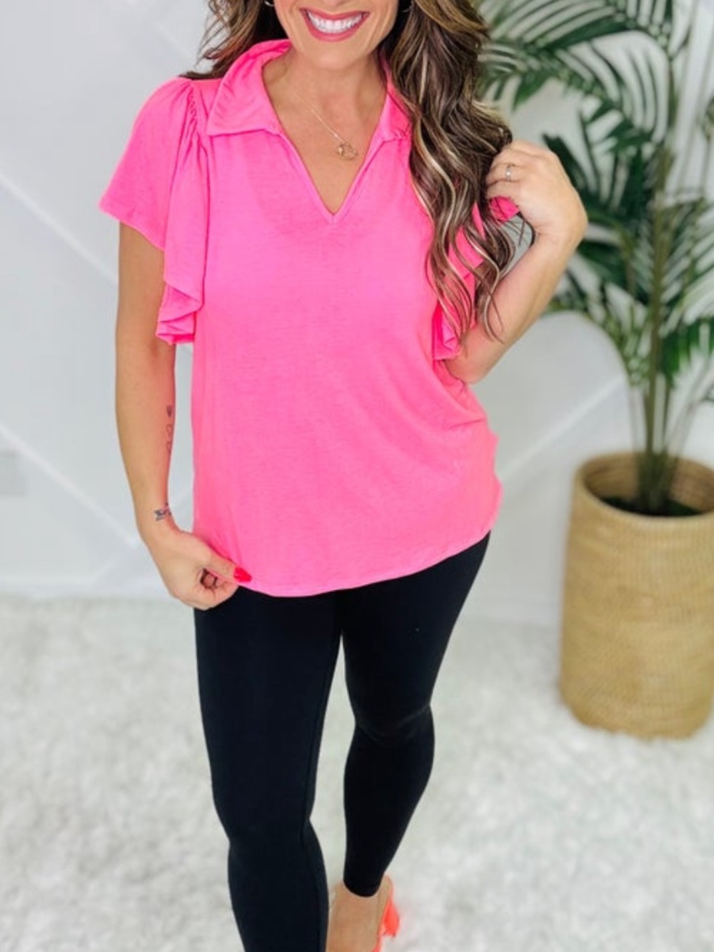 NEW! Like Love Hot Pink Ruffle Sleeve V-Neck Top Sz. 3xl